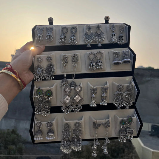 16 Silver Oxidized Jhumka Set With Premium Box