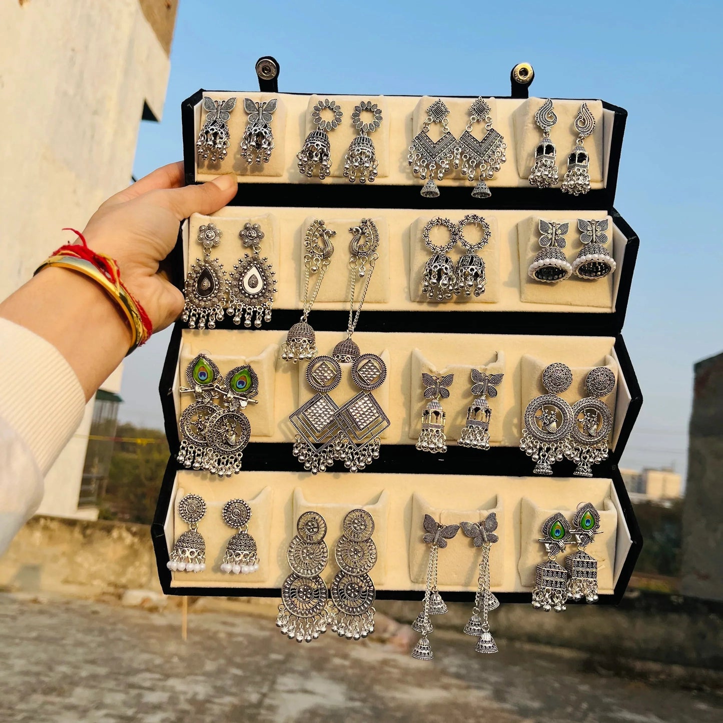 16 Silver Oxidized Jhumka Set With Premium Box